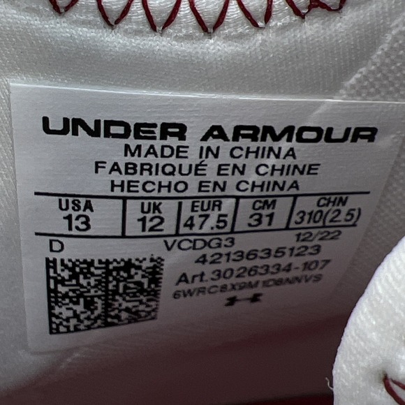 Under Armour Men's 13 Spotlight Clone 3.0 MC Football Cleats 3026334-107 WHT/RED - Picture 11 of 12